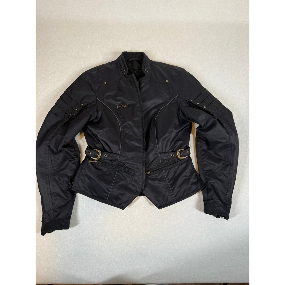 Pokerun by Fieldsheer Motorcycle Jacket Black Gold Accents Buckles Women's Size